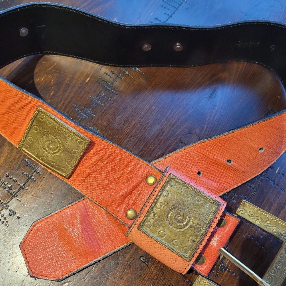 Vintage Coral Leather Belt with Medalions